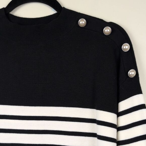 Talbot's Mock Neck Striped Black and White Pearl Button-Shoulder Sweater Size XL - Picture 3 of 10